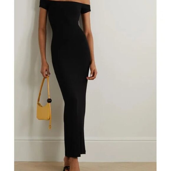 Skims Soft Lounge Ribbed Off Shoulder Black Dress S Long Maxi - Picture 2 of 6